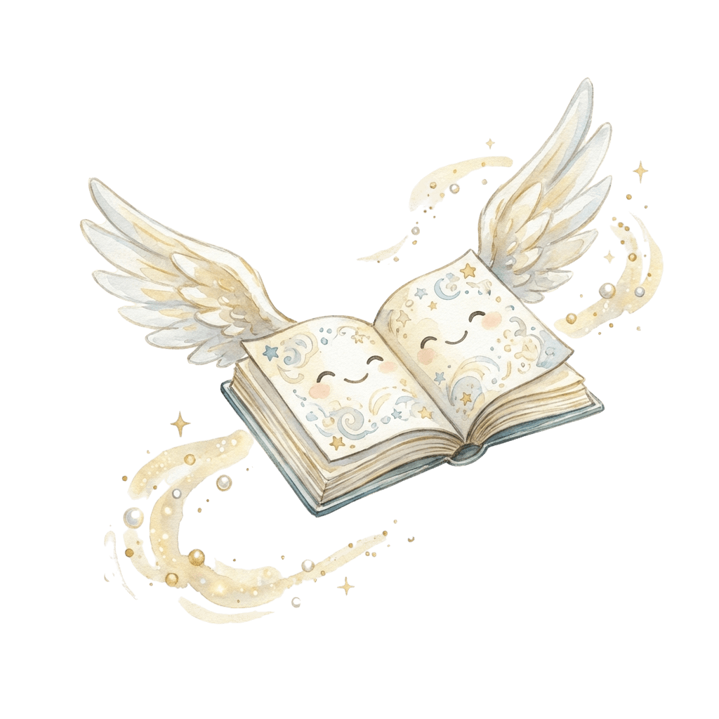 A cute flying book with wings, magical sparkles, white and gold, transparent background