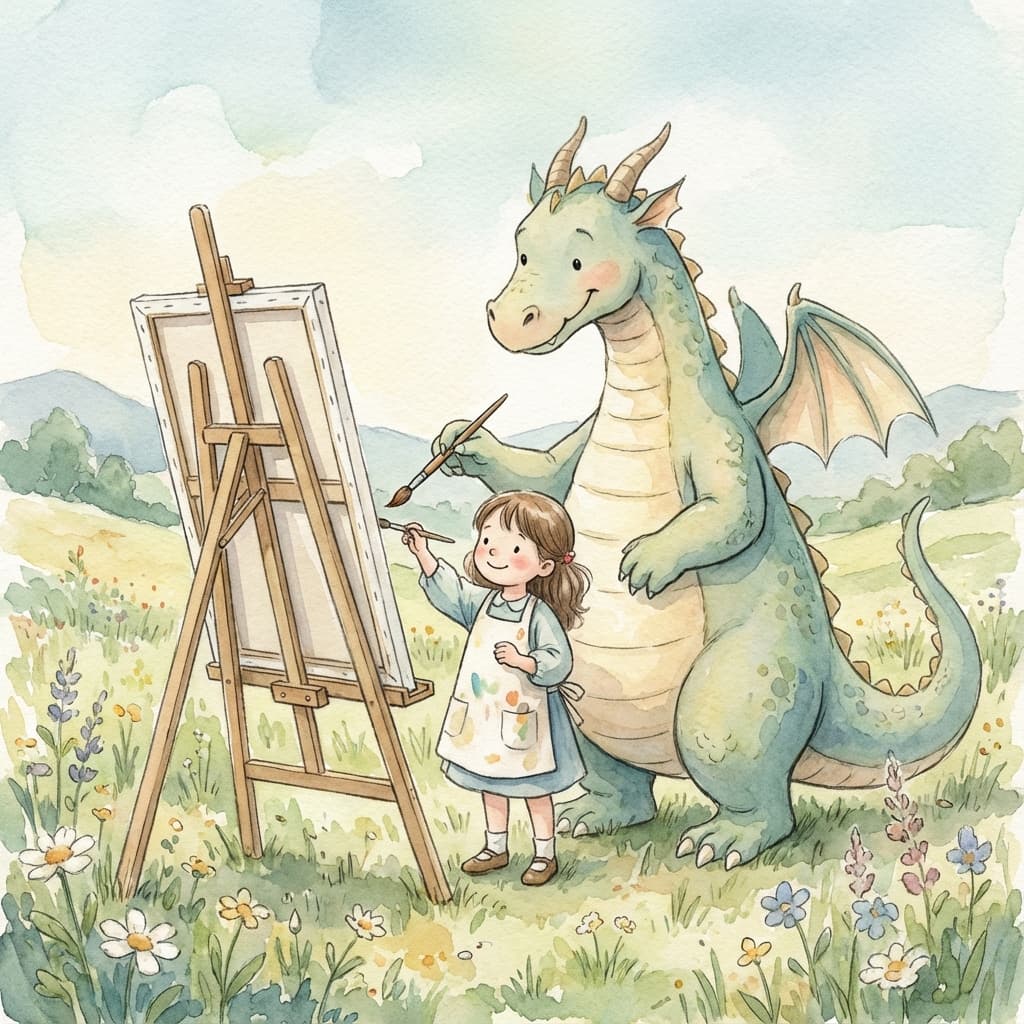 A friendly dragon teaching a little girl to paint