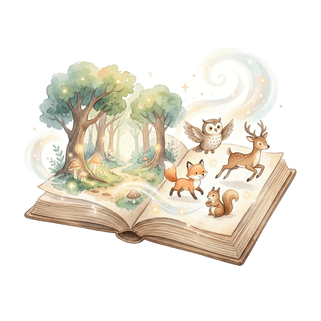 Hero image: a beautiful open children's book floating in the air with magical sparkles and colorful illustrations coming to life from its pages, featuring cute animals and a magical forest, whimsical 3D render style, soft lighting