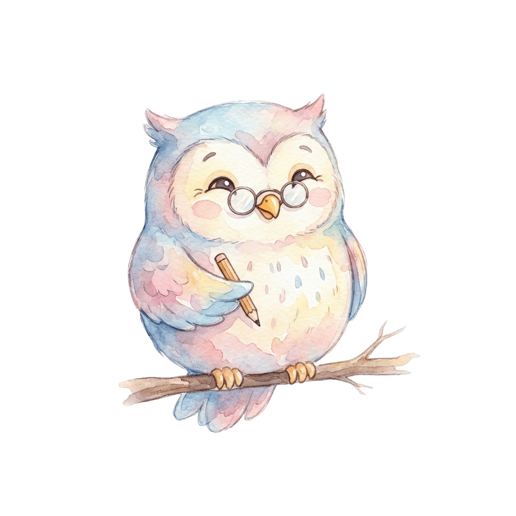 Hero image: a cute cartoon owl character wearing reading glasses, holding a pencil, kawaii style, soft pastel colors, transparent background
