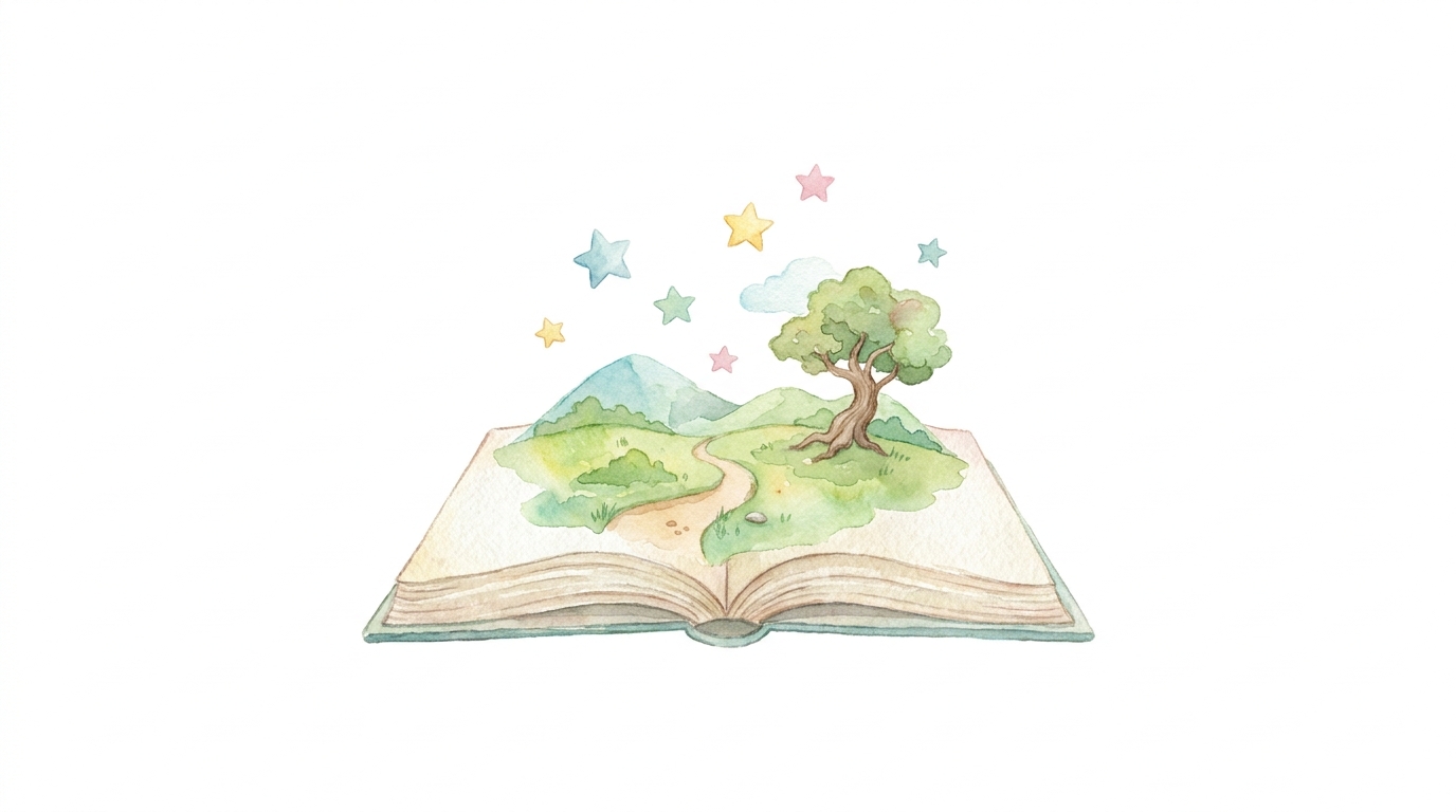 A storybook world growing out of an open book