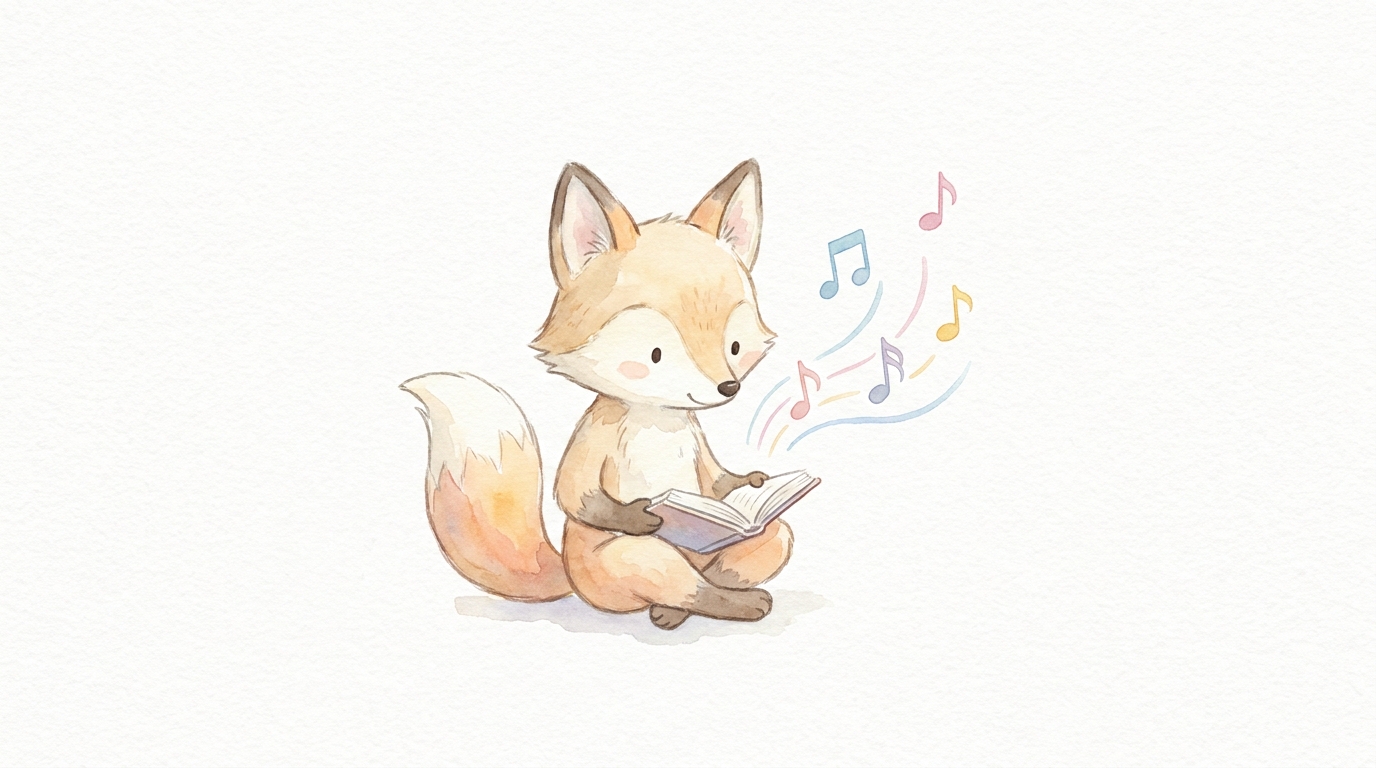 A fox reading aloud with musical notes