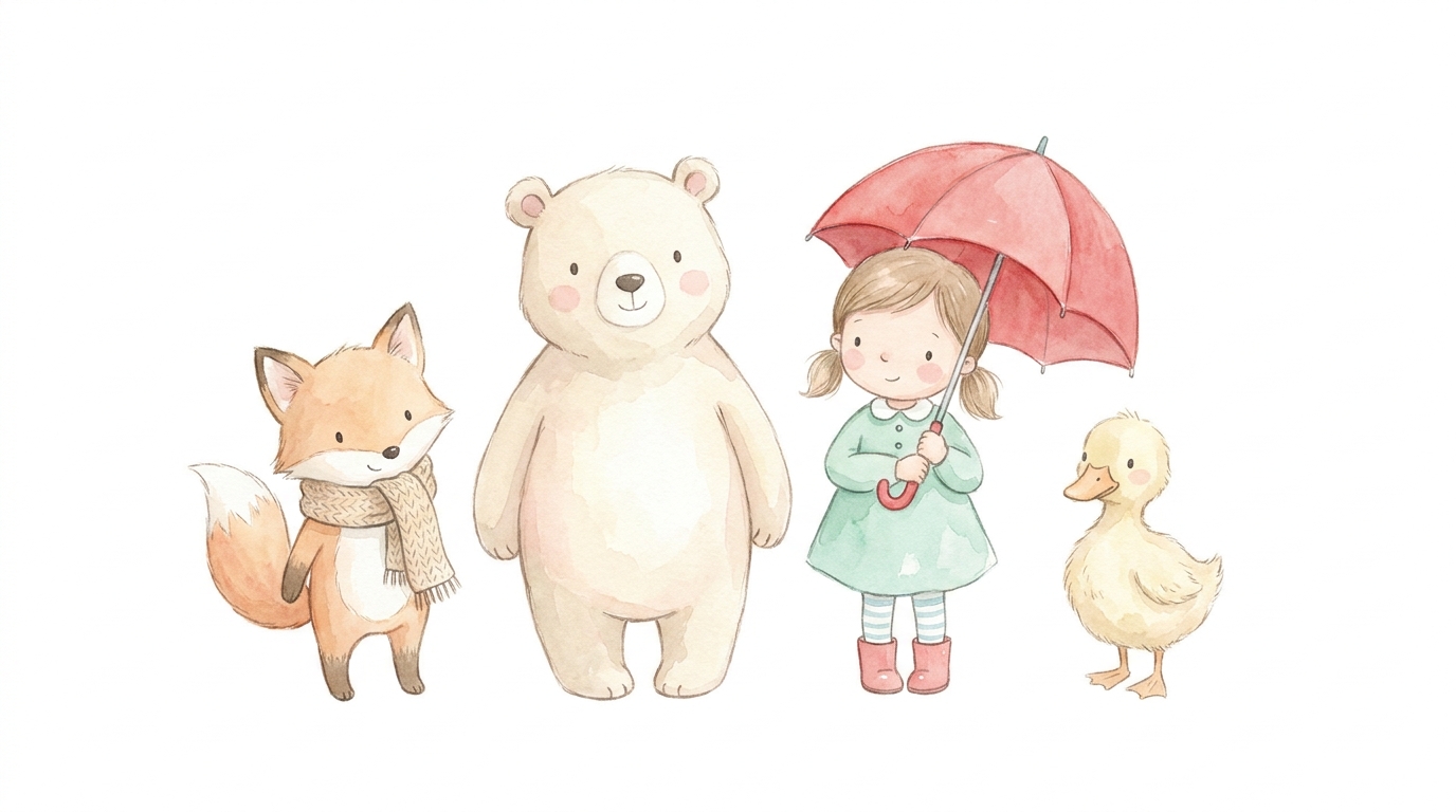 A cast of consistent storybook characters